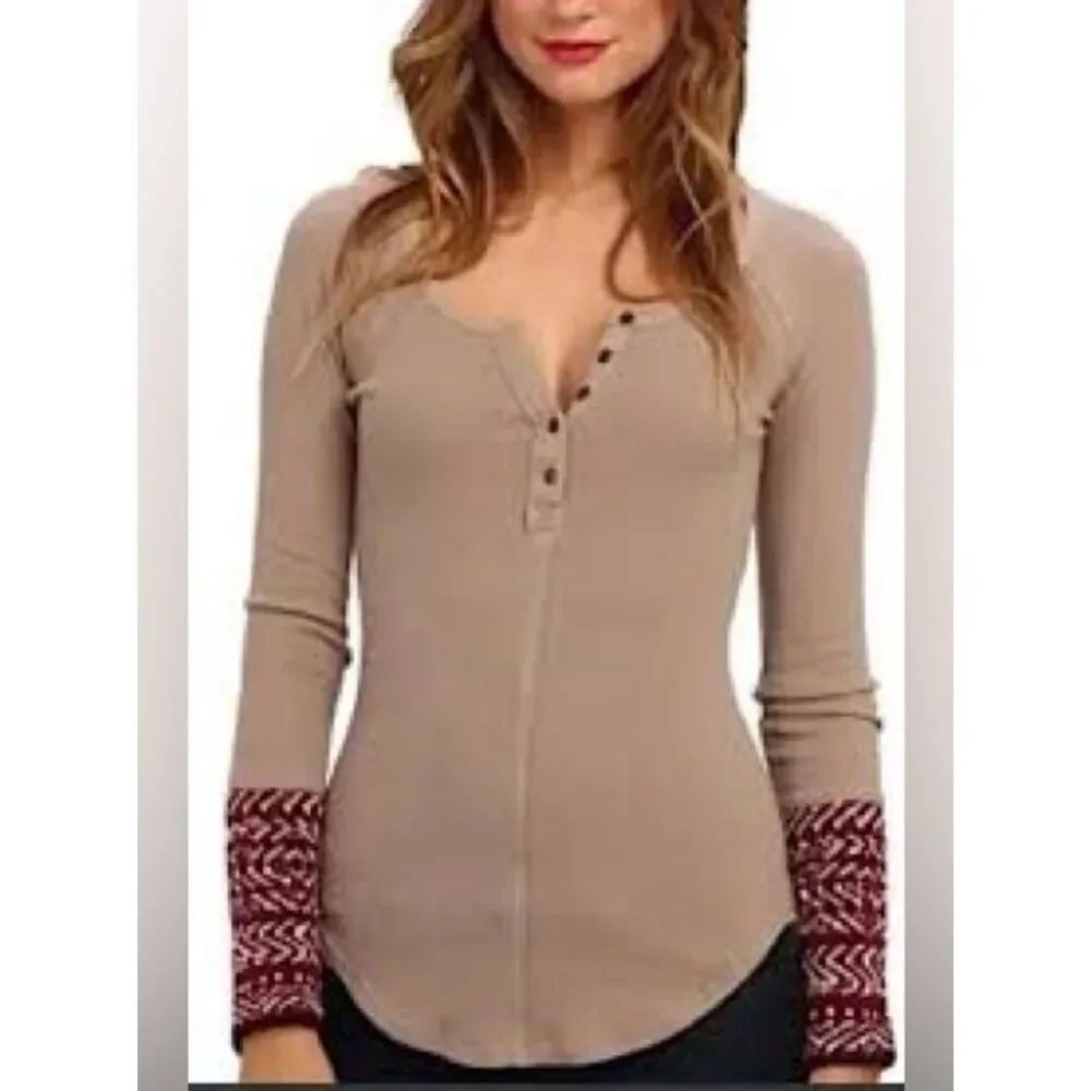 Free People Ribbed Scoop-Neck Henley in Taupe with Alpine Embroidered Cuffs